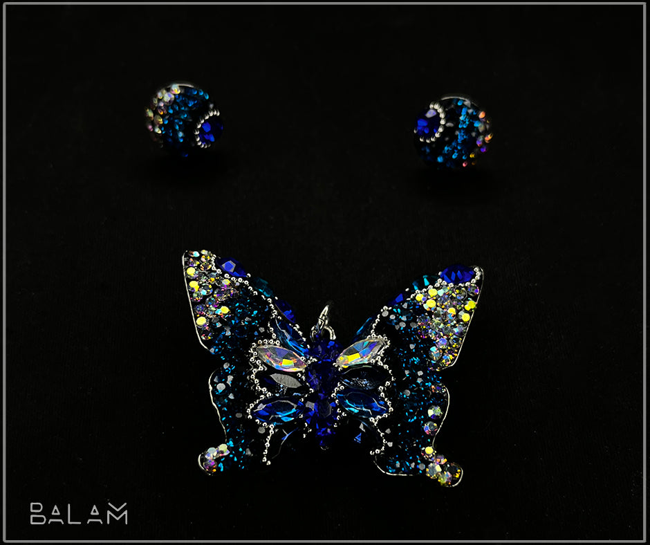 Dije Mariposa y Aretes en juego azul (Baño en plata .925)